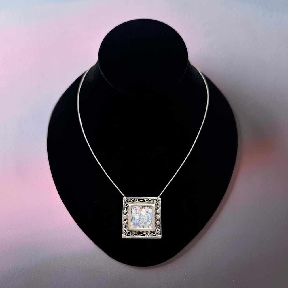 Vintage 925 Sterling Silver Roman Glass Square Pendant Necklace – 16”